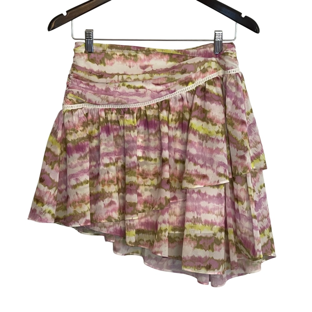 Tularosa Womens Purple Lime Green Abstract TieDye Asymmetrical Tiered Mini Skirt